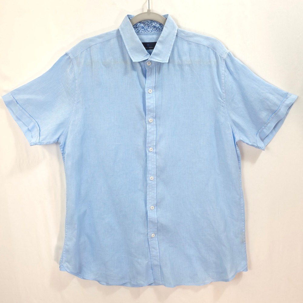 Toscano Linen Button Down Shirt Men L Light Blue Short Sleeve Coastal Preppy